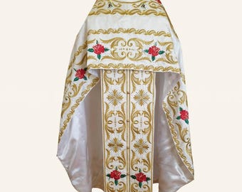 White orthodox priest vestments. Lightweight liturgical vestments. Machine embroidery. Orthodox clerical vestments. Priest robe.