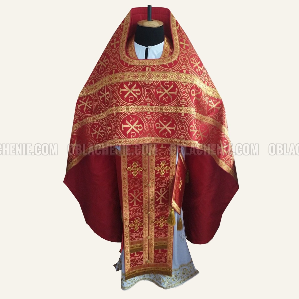 Red orthodox priest vestment. Nonmetallic brocade. Priest clergy vestment. Priest robe. Ecclesiastical apparel. Orthodox set vestment