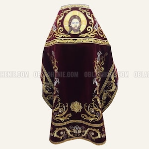 May include: A burgundy velvet liturgical vestment with gold and silver embroidery. The vestment features a central icon of Jesus Christ with a gold halo and a floral design.