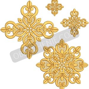 May include: Four gold-colored decorative embroidery designs. The designs are intricate and feature a variety of shapes, including hearts, swirls, and leaves. The designs are perfect for adding a touch of elegance to any project.