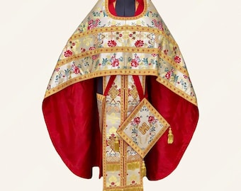 Multicolor exclusive orthodox priest vestments. Floral greek metallic brocade