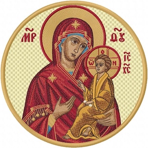 Embroidered liturgical icon of the Virgin of Tikhvin 20 cm (7.9&#39;) size. Round icon patch. Icon for vestment
