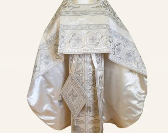 White orthodox priest vestments. Machine embroidery. SIP brocade. Orthodox clerical vestments. Priest robe.