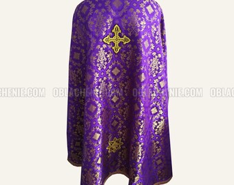 May include: Purple liturgical vestment with gold embroidery and a gold cross on the back.