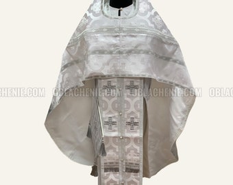 White orthodox priest vestments. Lightweight liturgical vestments. Nonmetallic brocade. Custom church vestments. Ecclesiastical apparel