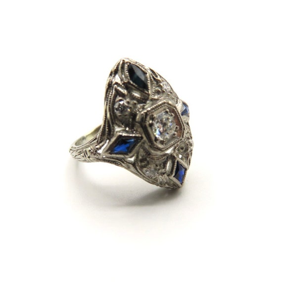 Art Deco diamond and sapphire shield ring, antique