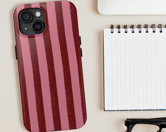 Funda para teléfono con rayas verticales rojas / Funda para iPhone con soporte / Funda resistente con rayas rosas burdeos