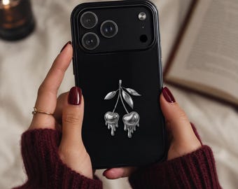 Funda para teléfono con diseño de cerezas goteando / Estética negra, fruta gótica / Estética para iPhone 17