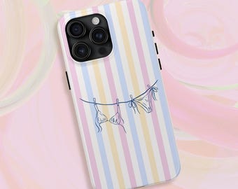 Funda para teléfono con diseño de bikini y tendedero de ropa / Funda protectora de rayas pastel / Funda estética para iPhone 15 / Funda estética boho para iPhone
