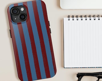 Funda resistente para teléfono con rayas azules y granates / Funda para iPhone con soporte / Patrón de rayas verticales