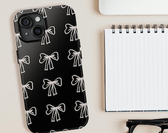 Funda resistente para teléfono con lazo blanco o funda para iPhone con soporte, diseño de lazo negro y bonito estampado de cinta.