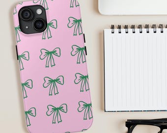 Funda para teléfono con lazo verde/funda para iPhone con soporte/fondo rosa, bonito diseño de lazo
