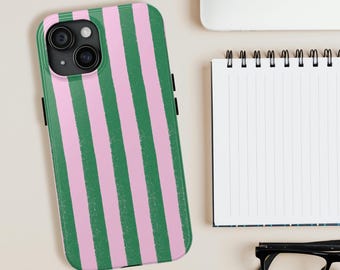 Funda para teléfono con rayas verticales rosas y verdes / Funda para iPhone con soporte / Funda resistente a rayas