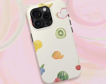 Funda para teléfono con estampado de frutas en acuarela / kiwi tropical, limón, cereza, plátano / estética de funda para iPhone 15