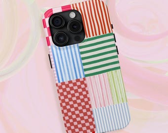 Funda para teléfono con diseño de patchwork a rayas / Funda para iPhone con rayas a cuadros coloridas / Funda estética para iPhone 15