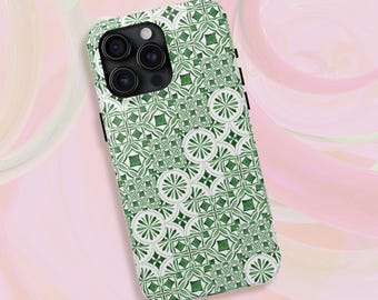 Funda para teléfono con diseño de azulejos marroquíes verdes / Funda resistente para teléfono / Funda estética para iPhone 15