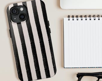 Funda para teléfono con rayas verticales negras dibujadas a mano / Funda para iPhone con soporte / Funda resistente para teléfono