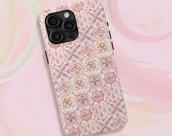 Funda para teléfono con diseño de azulejos marroquíes rosas / Funda resistente para teléfono / Funda estética para iPhone 15