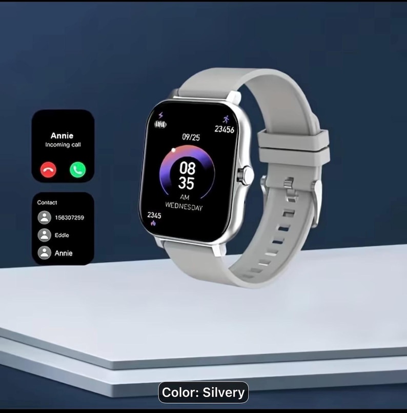 Puede incluir: Un reloj inteligente plateado con una pantalla rectangular que muestra la hora, la fecha y la informaci&oacute;n de llamadas entrantes. El reloj tiene una correa gris y un marco plateado. La pantalla muestra "Annie" est&aacute; llamando.