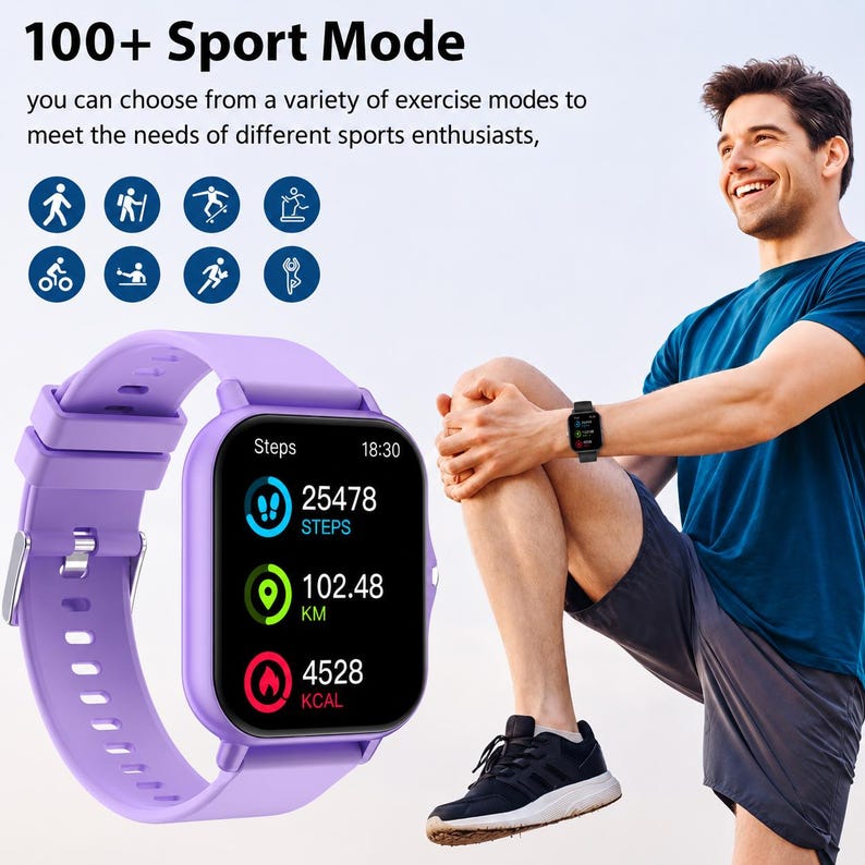 May include: A lavender digital smartwatch with a rectangular screen displaying step count, distance in kilometers, and calories burned. The screen shows 25478 steps, 102.48 km, and 4528 kcal. Text above reads 100+ Sport Mode with various activity icons.