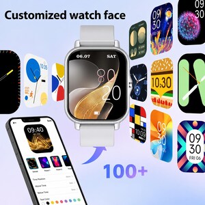 May include: A silver smartwatch with a light gray silicone band and a rectangular screen displaying the time 06.07 and SAT. The image shows the text Customized watch face and 100+ with various digital watch face options floating around.
