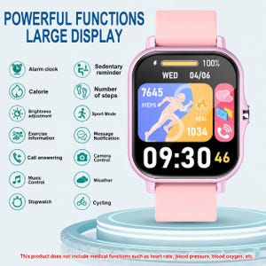 May include: A light pink smartwatch with a rectangular screen displaying the time 09:30, date, step count, and calorie data. The text POWERFUL FUNCTIONS LARGE DISPLAY appears above a list of icons and features including alarm, calorie, and weather.