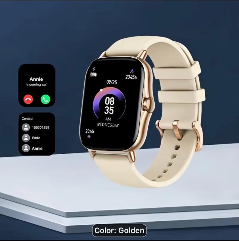 Puede incluir: Un reloj inteligente dorado con una correa color crema muestra la hora 08:35 AM el mi&eacute;rcoles 25 de septiembre. La pantalla muestra una llamada entrante de "Annie" y detalles de contacto. El reloj tiene una esfera rectangular y un marco dorado.