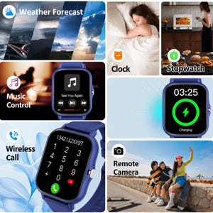 May include: A blue smartwatch featuring multiple digital interface screens including a weather forecast, music control, a numeric keypad for wireless calls, a charging indicator showing 03:25, a clock, and a remote camera function icon.