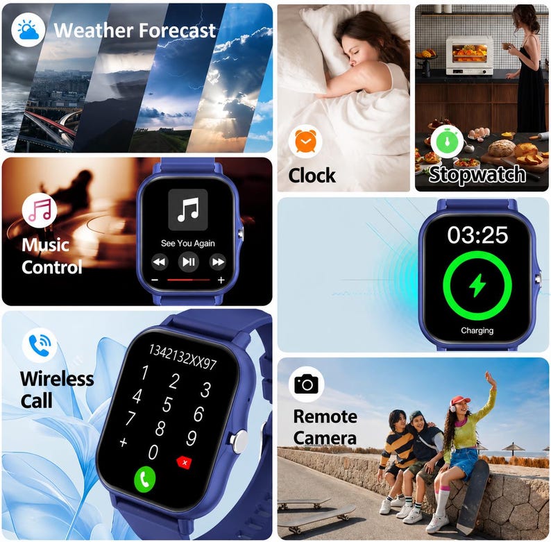 May include: A blue smartwatch featuring multiple digital interface screens including a weather forecast, music control, a numeric keypad for wireless calls, a charging indicator showing 03:25, a clock, and a remote camera function icon.