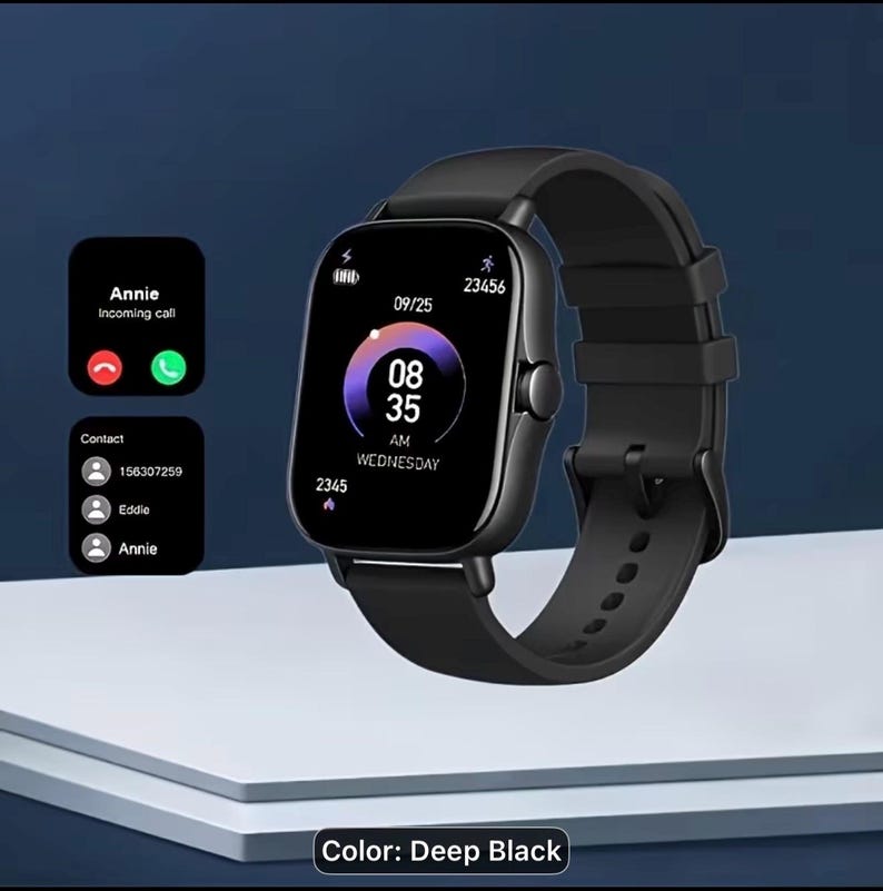 Puede incluir: Un reloj inteligente negro intenso con una pantalla rectangular que muestra la hora, la fecha y la informaci&oacute;n de llamadas entrantes. La correa del reloj tambi&eacute;n es negra. La pantalla muestra la hora 08:35 AM el mi&eacute;rcoles 25 de septiembre. Tambi&eacute;n muestra el texto "Annie Incoming call".