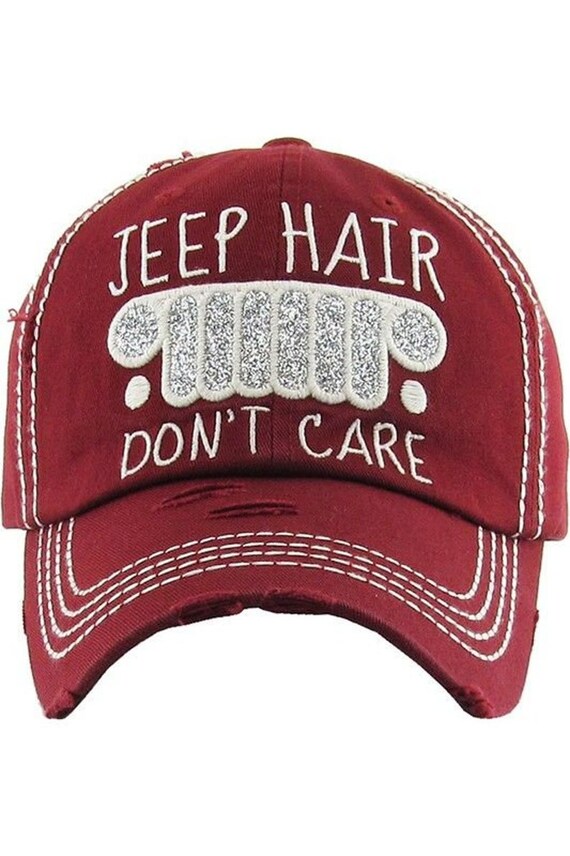 jeep Hair don't care Baseball Cap, Black VINTAGE BALLCAP, Jeep Hair don't care hat, Distressed Marron Baseball cap, Red Jeep Hair Cap