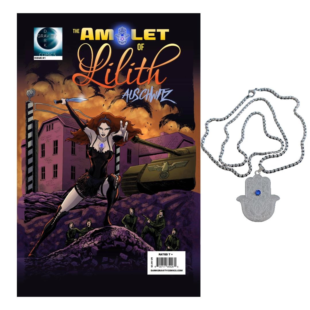 Hamsa Necklace Amulet of Lilith Comic Book, Stainless Steel, 24
