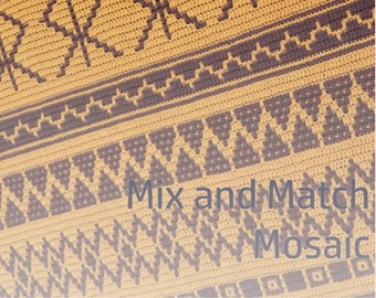 May include: A close-up of a crocheted blanket with a geometric pattern in brown and yellow. The text "Mix and Match Mosaic" is visible in the lower right corner of the image.