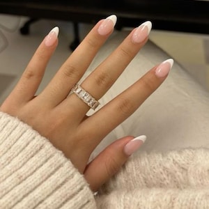 Classic French Tip Press On Nails | Custom Hand Painted Reusable Nail Set image 1