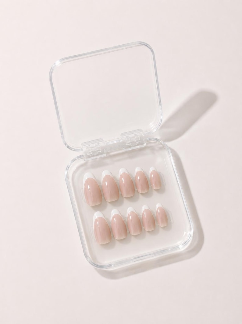 Classic French Tip Press On Nails | Custom Hand Painted Reusable Nail Set image 2