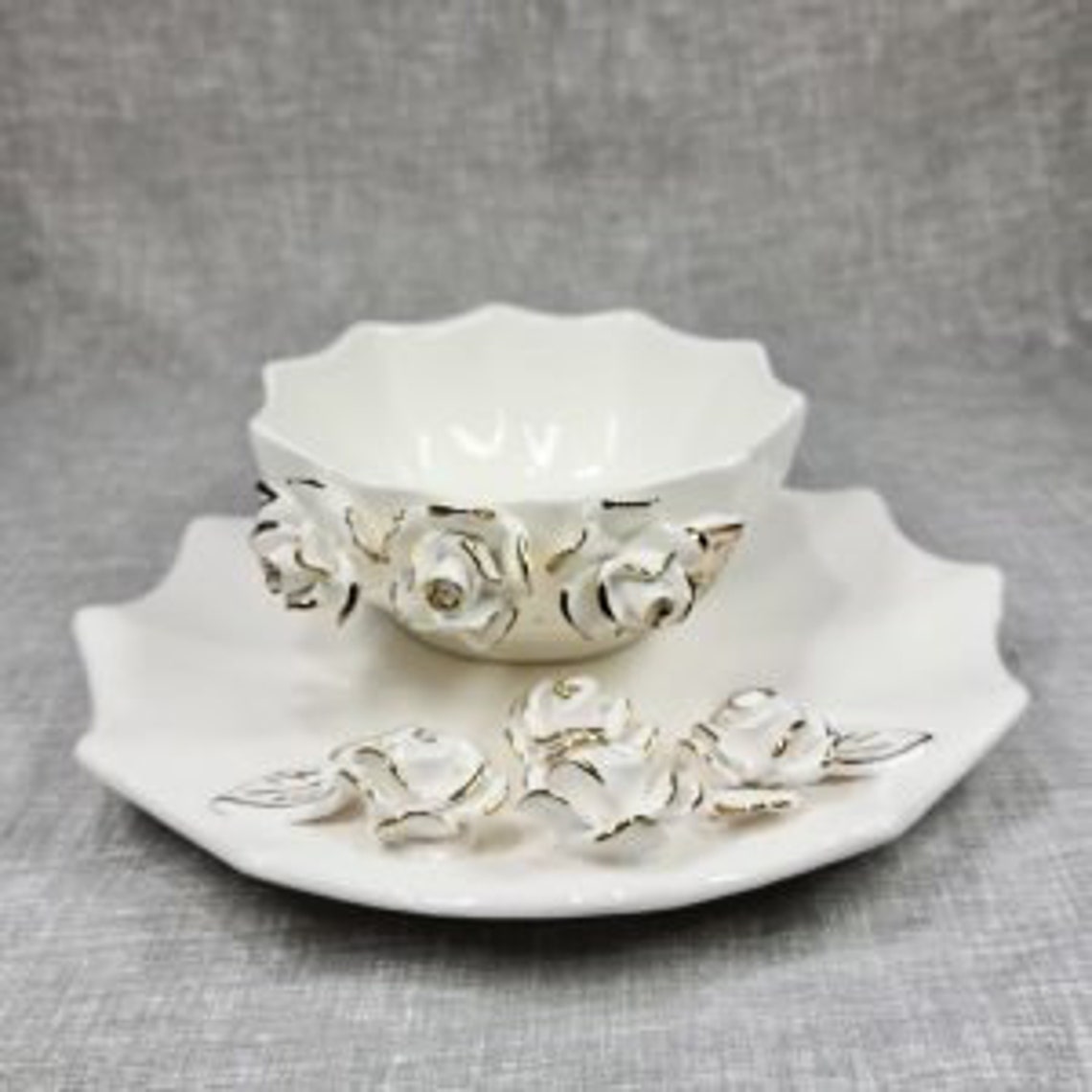 White ceramic flower plate and bowl Etsy