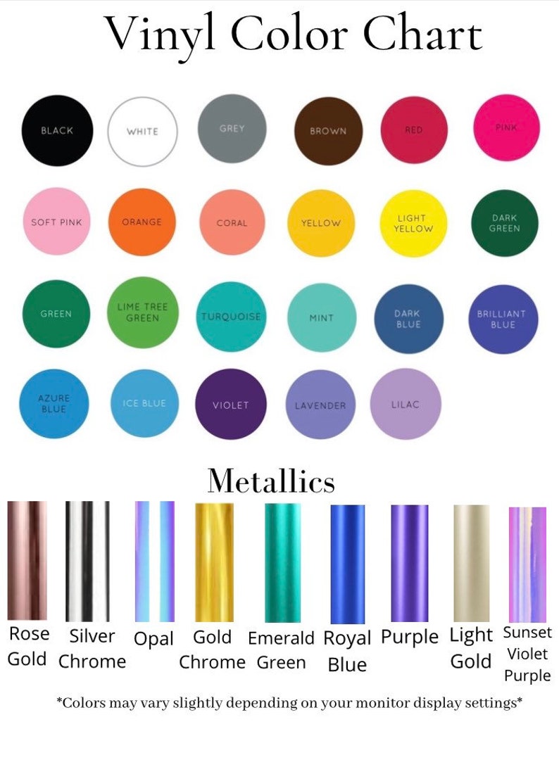 Pode incluir: Carta de cores de vinil com 24 amostras de cores, incluindo preto, branco, cinza, marrom, vermelho, rosa, rosa claro, laranja, coral, amarelo, amarelo claro, verde escuro, verde, verde lim&atilde;o, turquesa, menta, azul escuro, azul brilhante, azul celeste, azul gelo, violeta, lavanda, lil&aacute;s e met&aacute;licos: ouro rosa, cromo prateado, cromo opala, cromo dourado, verde esmeralda, azul royal, roxo, ouro claro, violeta roxo p&ocirc;r do sol.