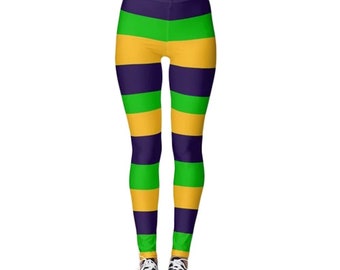 Mardi Gras striped leggings pants purple, gold ,green One size fit all Mardi Gras tights great for Mardi Gras women outfits