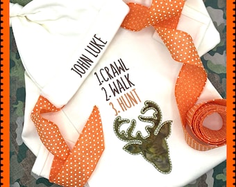 For the littlest of deer hunters! Newborn baby long sleeve onesie/beanie or newborn gown/beanie set!  Personalized beanie included!