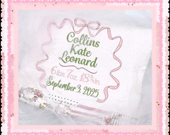 Heirloom Baby Girl Quilt with Vintage Vine Initial Font and Framed Name and Birth Stats!  Embroidery designs stitched on TWO sides!