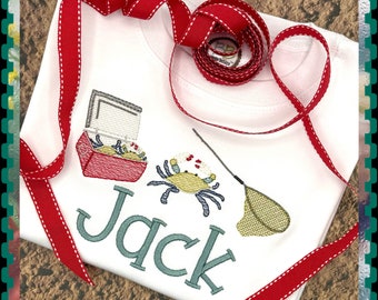 Super soft quality cotton, white, sketch embroidered short sleeved shirt, getting your little ready for crabbing season!