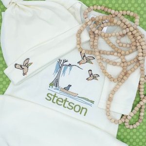 Embroidered newborn ivory gown/beanie set; baby shower gift; baby; hunter; duck hunter; hunting; lab; Labrador Retriever