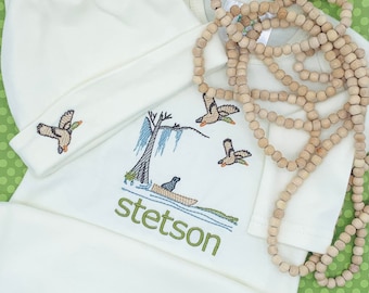 Embroidered newborn ivory gown/beanie set; baby shower gift; baby; hunter; duck hunter; hunting; lab; Labrador Retriever