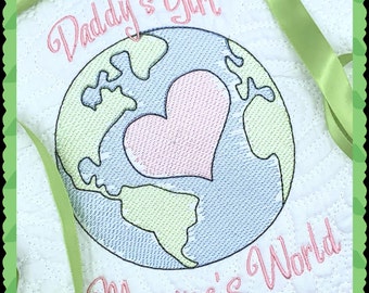 White Heirloom Baby Quilt for sweet baby girl with embroidered "Daddy's Girl / Momma's World".