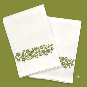 Kitchen towel with embroidered vintage Pyrex avocado green "Spring Blossom" design