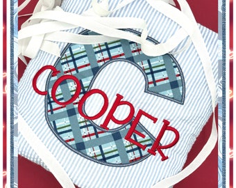Adorable, personalized, appliqued blue seersucker beach towel for your sweet little fella! Have your water baby ready to hit the water!