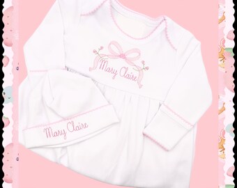 Personalized newborn white gown and beanie set with delicate pink picot trim on both!  Matching welcome banner also available!