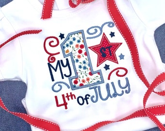Fourth of July white, appliqued onesie; baby onesie, 1st Fourth of July; three sizes