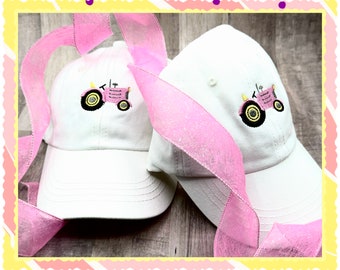 ¡Sombreros para niños pequeños! ¡Lindo sombrero blanco ajustable con un tractor vintage rosa (u otro color) para tu dulce niña o niño!