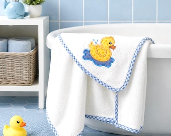 ¡Toalla de baño con capucha para bebés, niños pequeños o niños con el clásico aplique de patito de goma! ¡Opción de personalización!